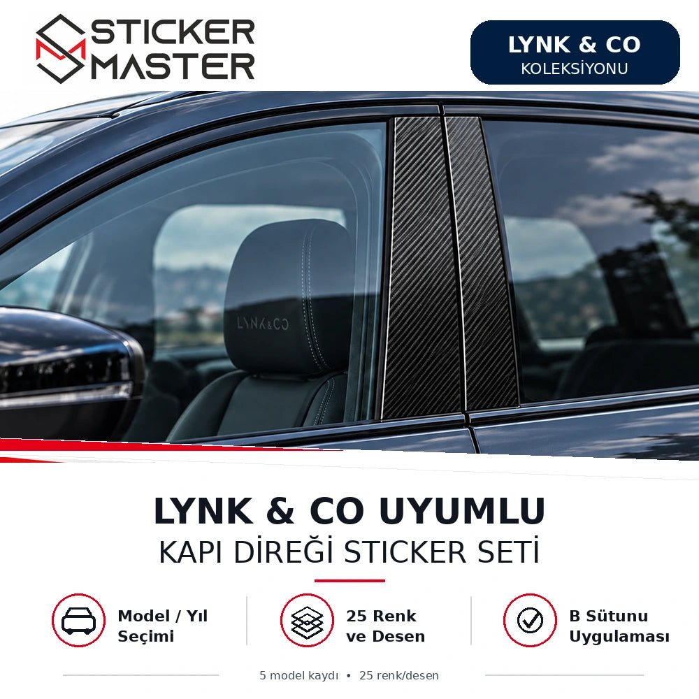 Lynk & Co kapı direği sticker seti, B sütunu yakın planı, temsili Lynk & Co otomobil fotoğrafı