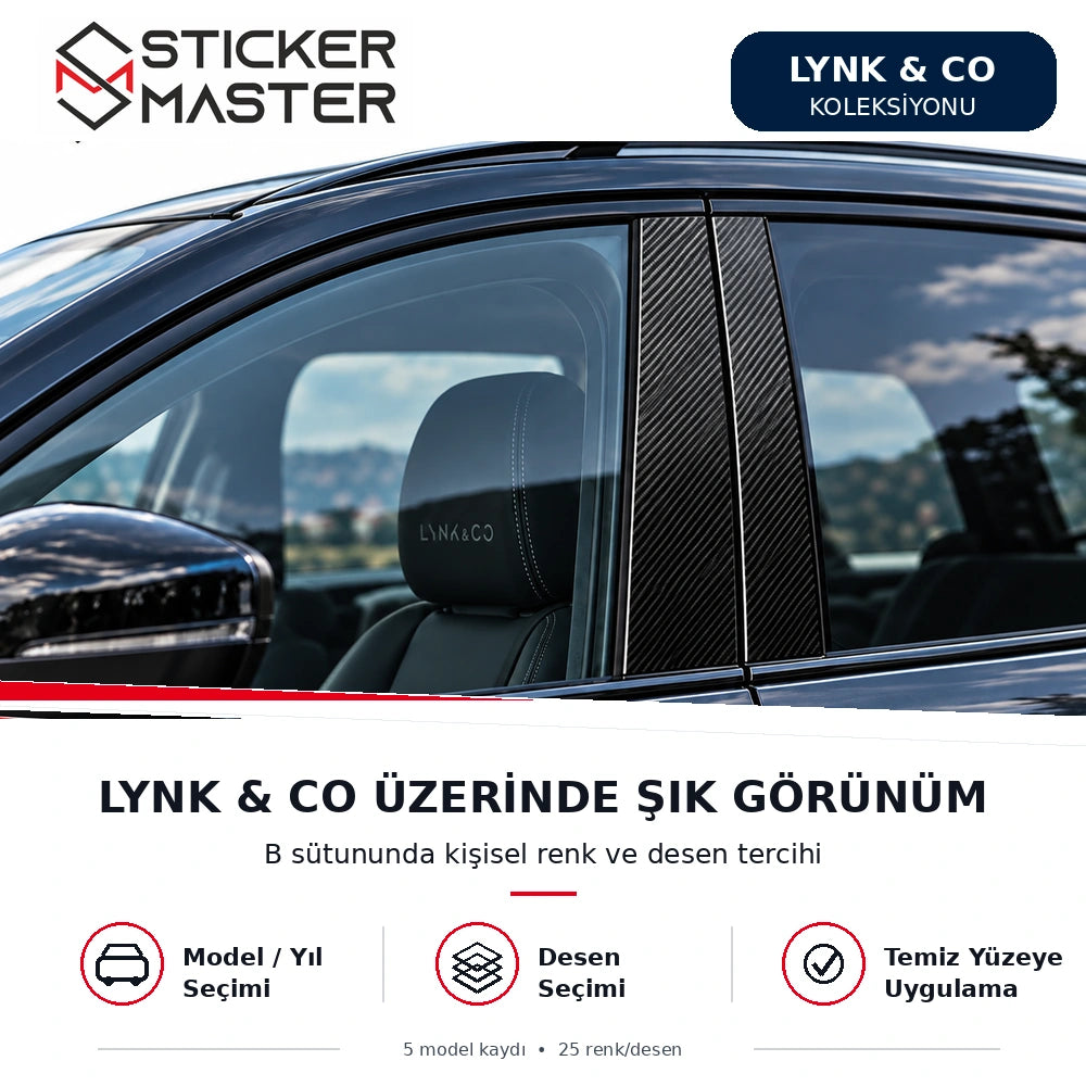 Lynk & Co dış B sütunu üzerinde karbon görünümlü sticker uygulama alanı, temsili otomobil fotoğrafı