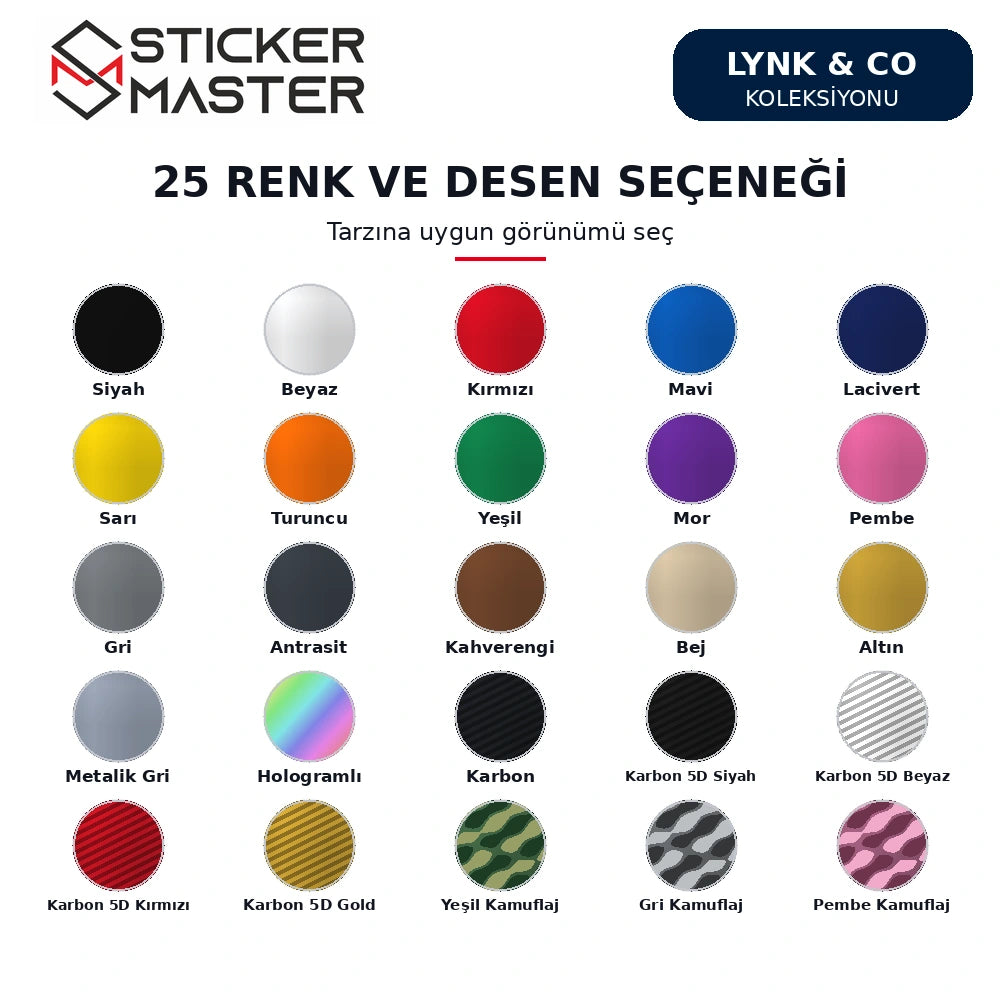 Lynk & Co kapı direği sticker için Shopify varyantlarıyla eşleşen 25 renk/desen örneği