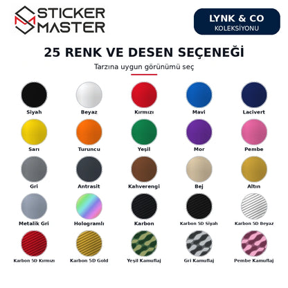 Lynk & Co kapı direği sticker için Shopify varyantlarıyla eşleşen 25 renk/desen örneği