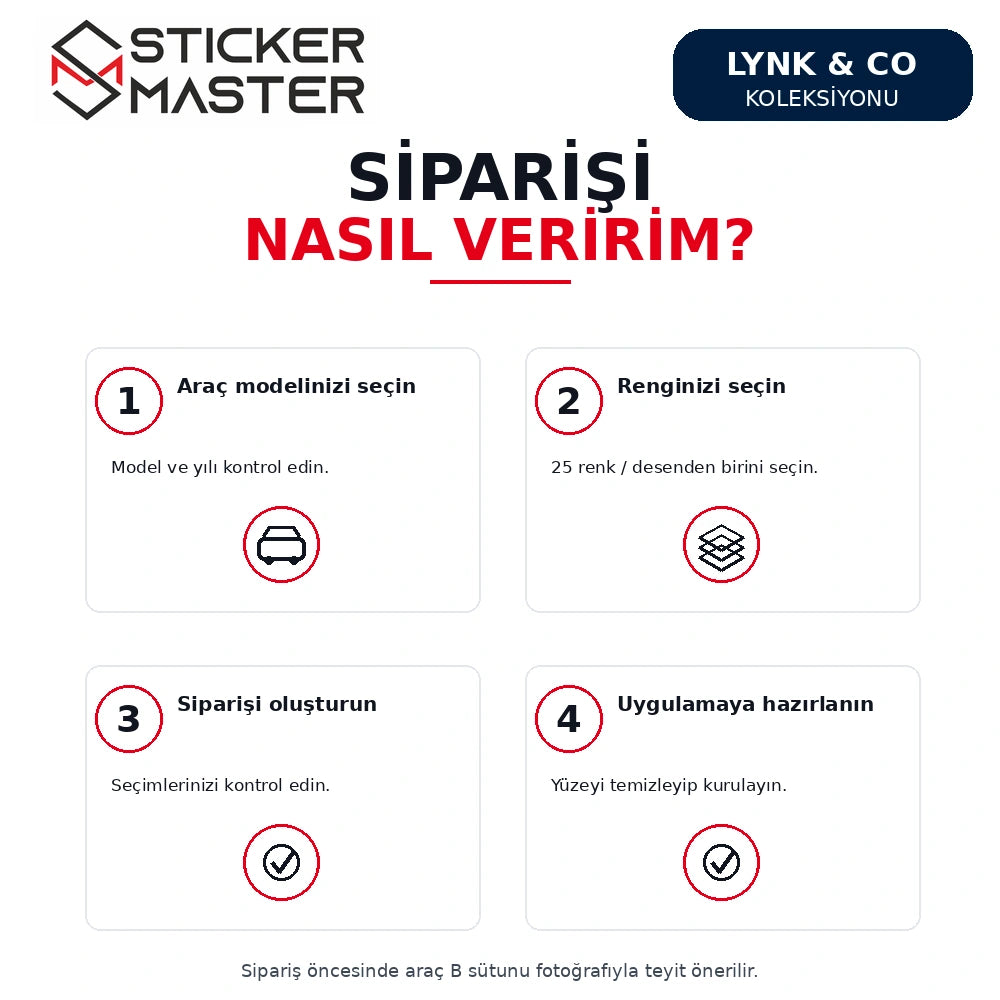 Lynk & Co kapı direği sticker sipariş rehberi; model/yıl ve renk/desen seçimi