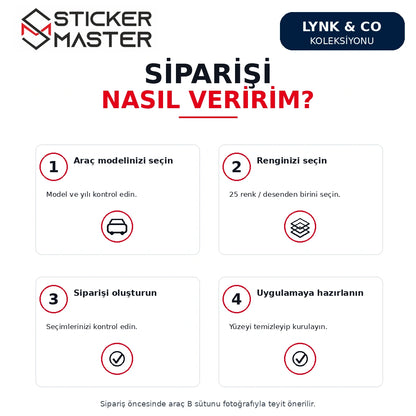 Lynk & Co kapı direği sticker sipariş rehberi; model/yıl ve renk/desen seçimi