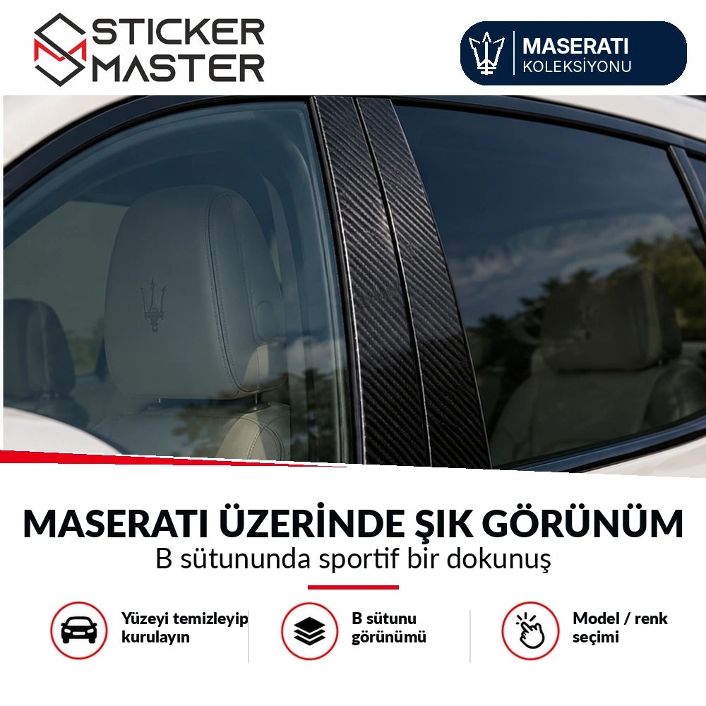 Maserati B sütunu kapı direği karbon desenli sticker uygulama görünümü, temsili araç fotoğrafı