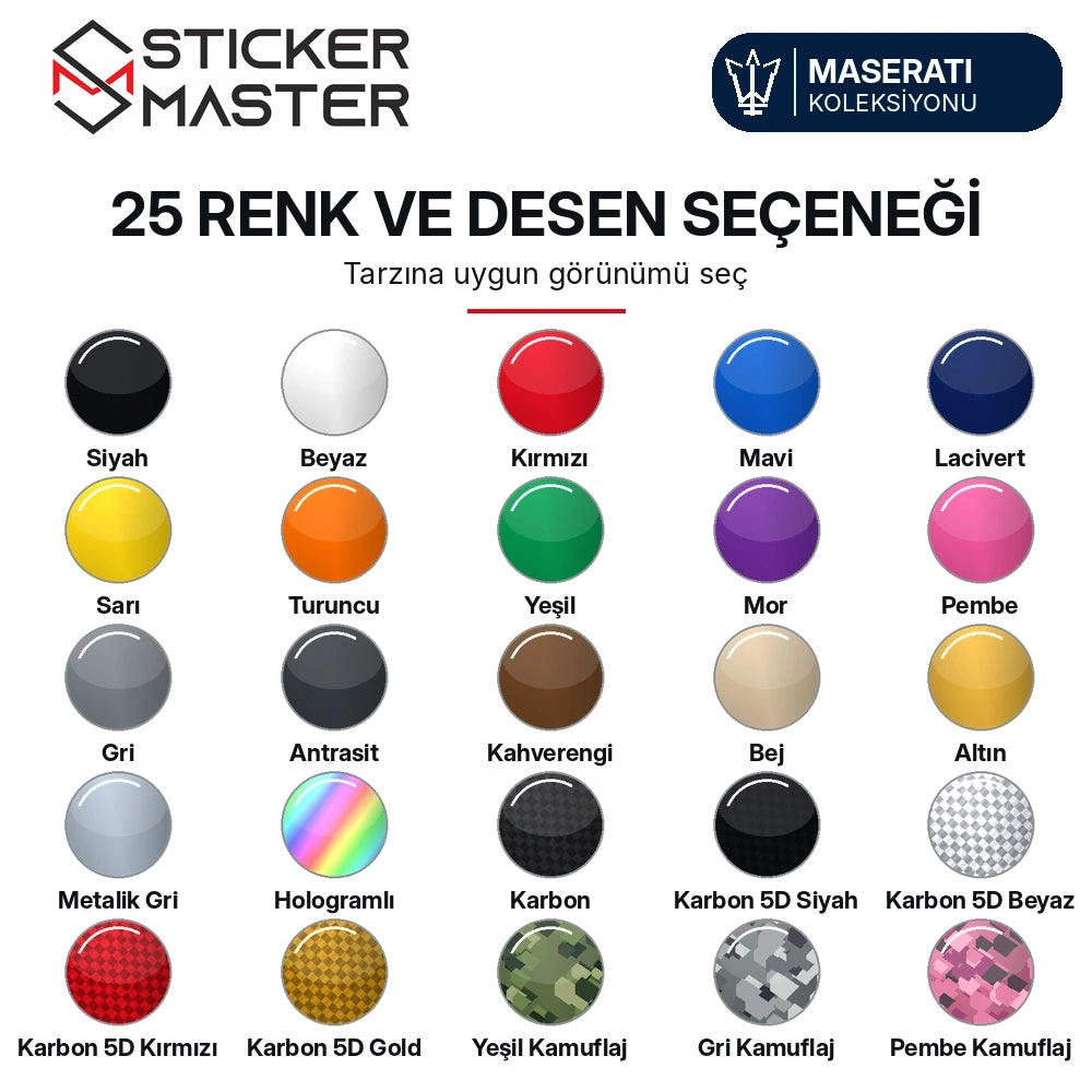 Maserati kapı direği sticker seti 25 gerçek Shopify renk/desen varyantının isimleri ve örnekleri