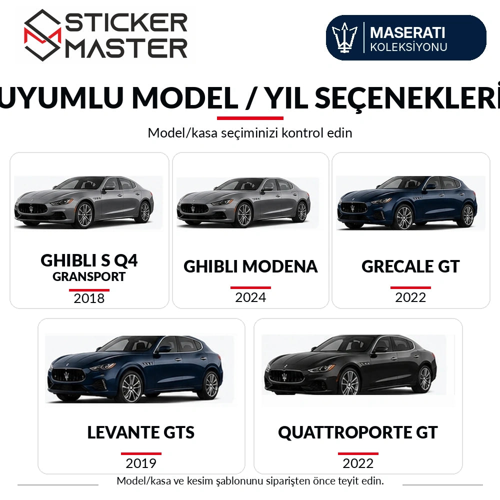 Maserati kapı direği sticker Ghibli, Grecale, Levante ve Quattroporte için model/yıl seçimleri, uyumluluk şablonla teyit edilir