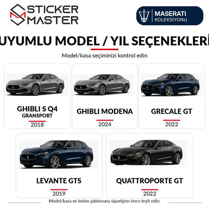 Maserati kapı direği sticker Ghibli, Grecale, Levante ve Quattroporte için model/yıl seçimleri, uyumluluk şablonla teyit edilir