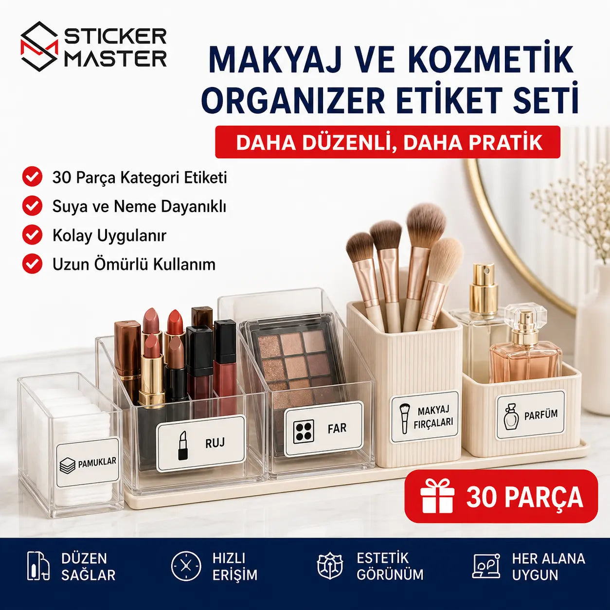 Makyaj ve Kozmetik Organizer Etiket Seti 30 Parca ads