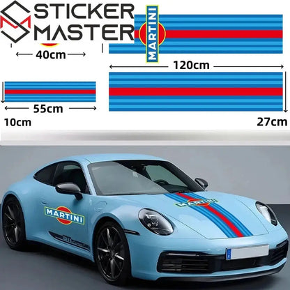 Martini Racing Sticker | Porsche 911 Le Mans Tarzı Kaput ve Kapı Şerit Decal (40-120 cm) Sticker Master