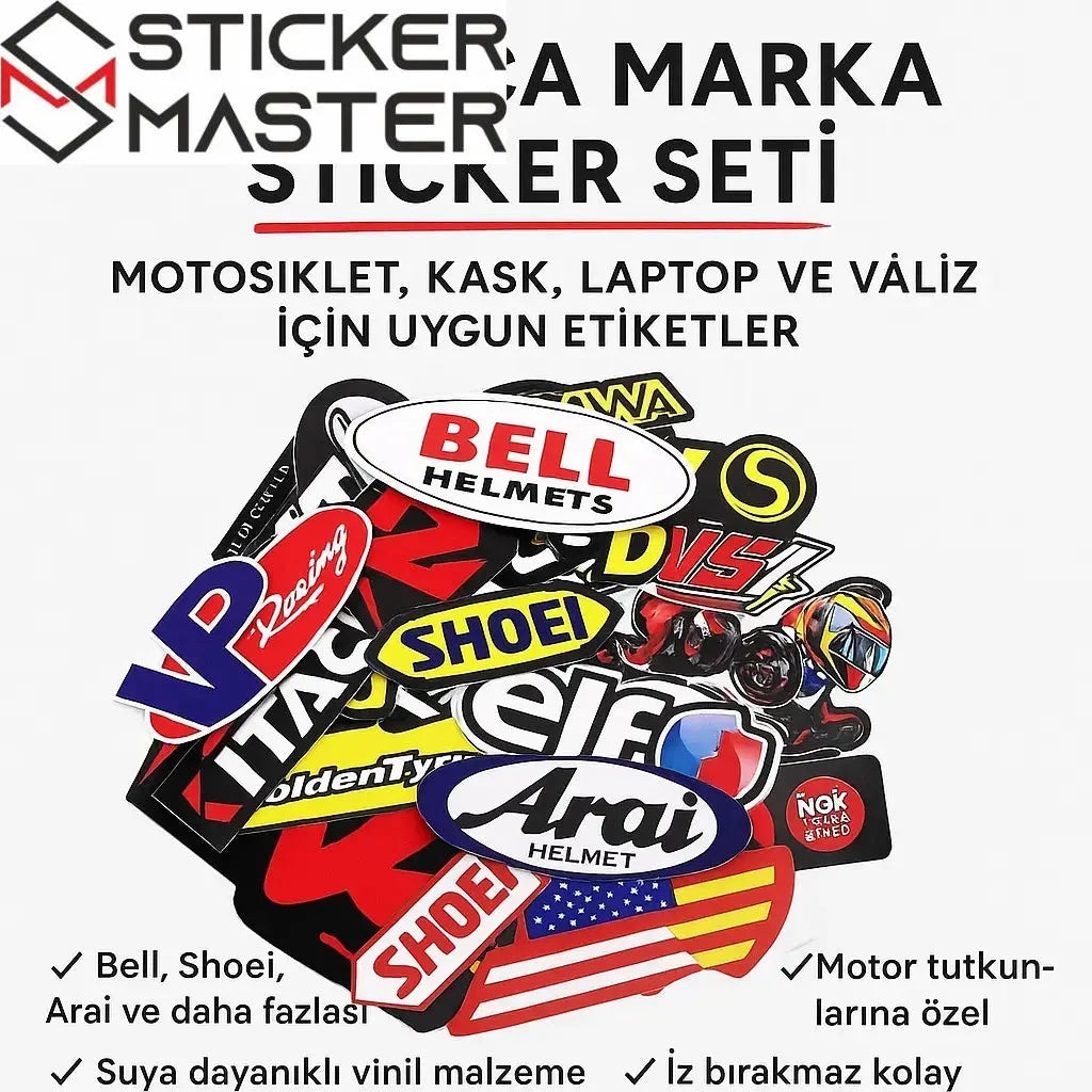 Sticker Master 40 Parça Marka Sticker Seti – Motosiklet, Kask, Laptop ve Valiz için Uygun Etiketler Sticker Master