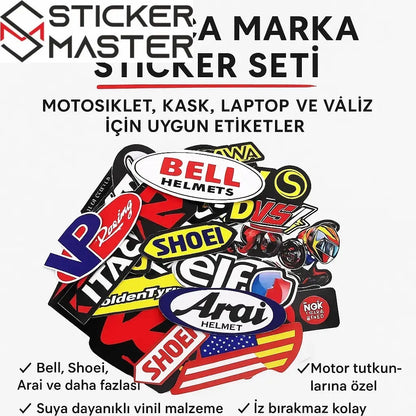 Sticker Master 40 Parça Marka Sticker Seti – Motosiklet, Kask, Laptop ve Valiz için Uygun Etiketler Sticker Master