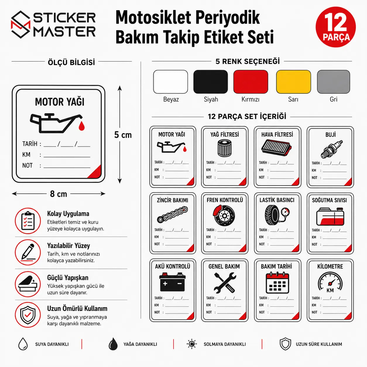 Motosiklet Periyodik Bakim Takip Etiket Seti 12 Parca

