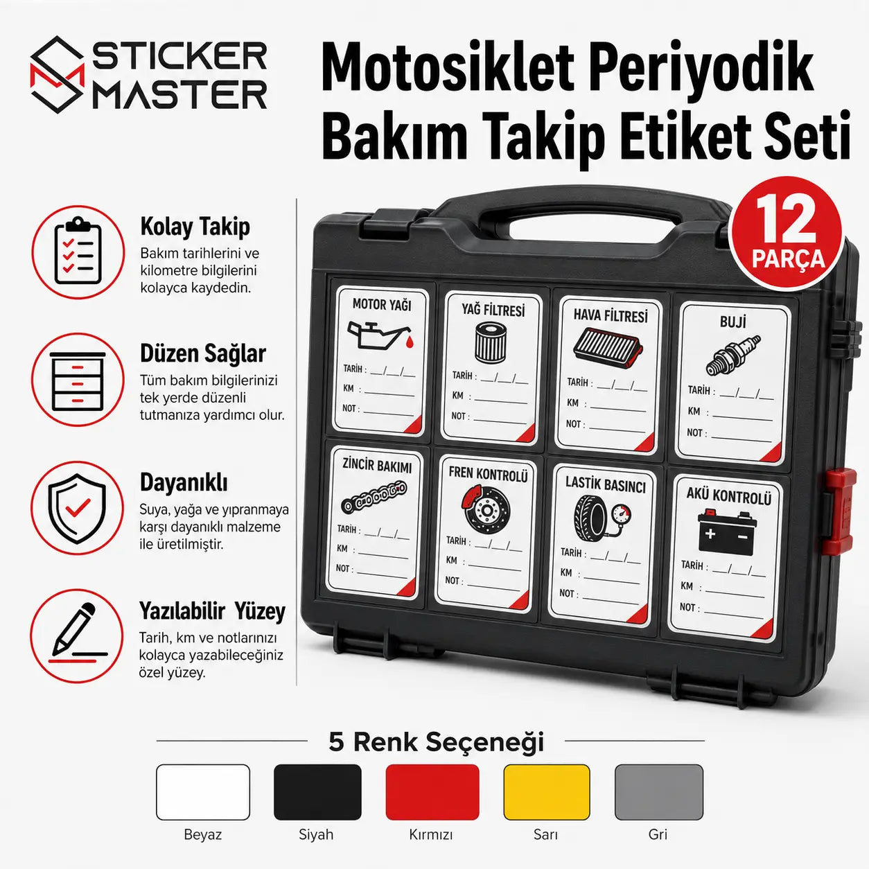 Motosiklet Periyodik Bakim Takip Etiket Seti 12 Parca detay