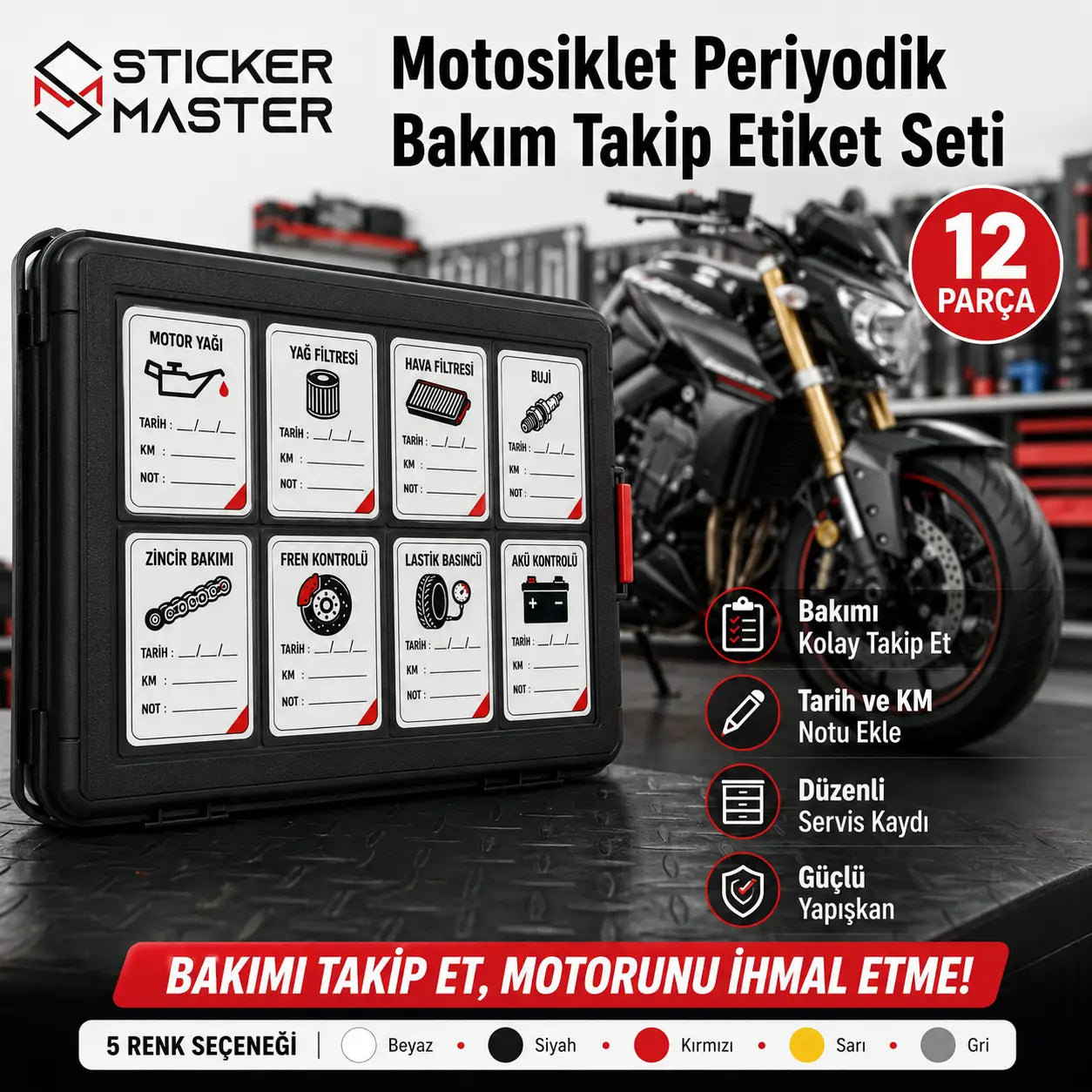 Motosiklet Periyodik Bakim Takip Etiket Seti 12 Parca renk