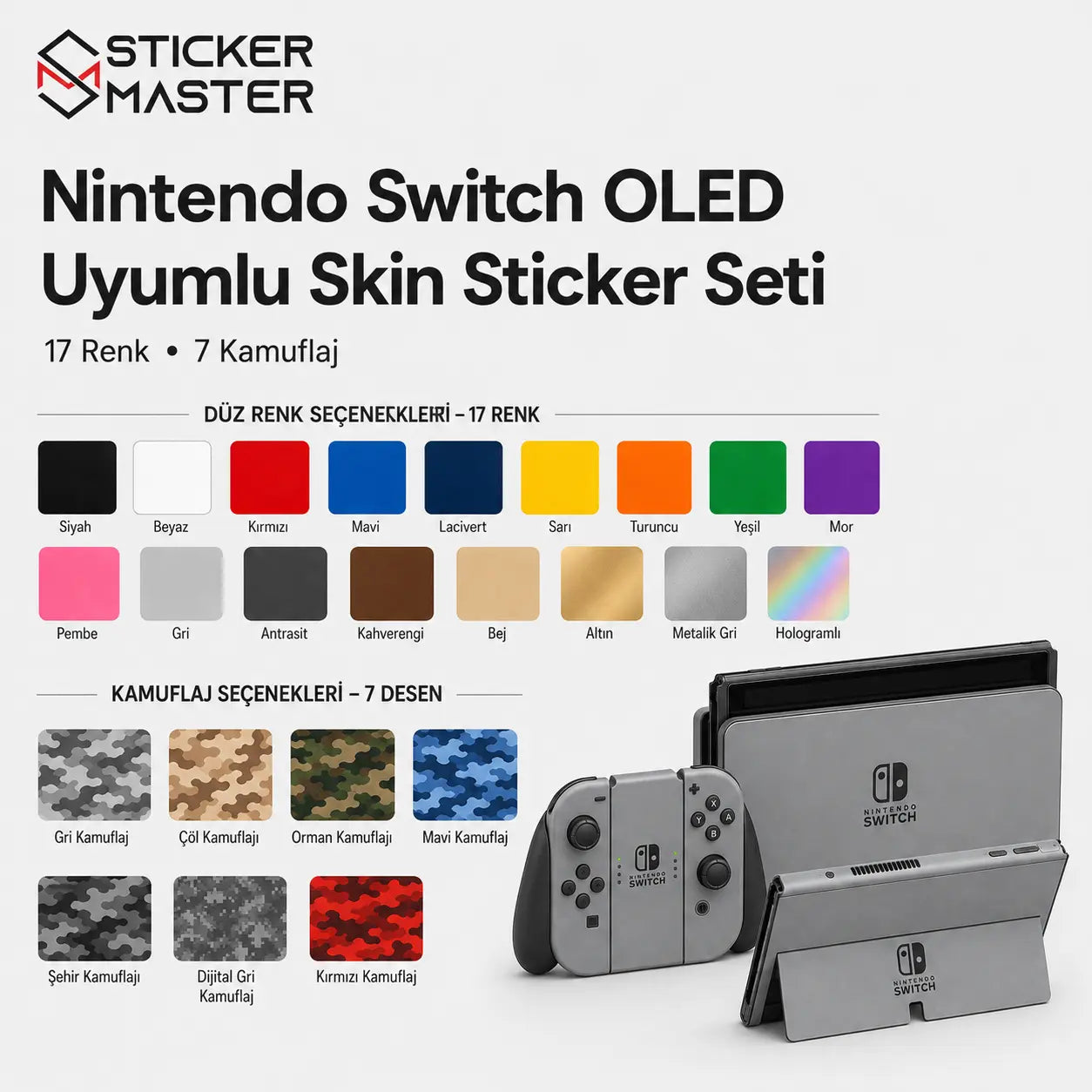 Nintendo Switch OLED Uyumlu Skin Sticker Seti renkler ve detay