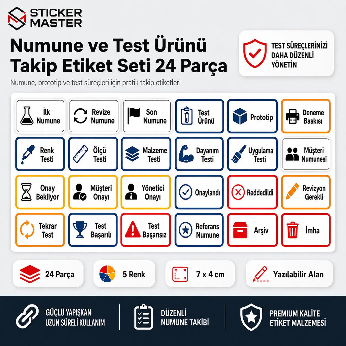 Numune ve Test Urunu Takip Etiket Seti 24 Parca icerik ve detaylar