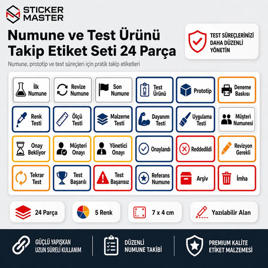 Numune ve Test Urunu Takip Etiket Seti 24 Parca icerik ve detaylar