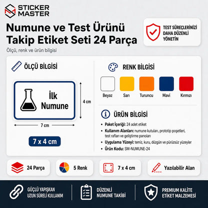 Numune ve Test Urunu Takip Etiket Seti 24 Parca renk ve olcu