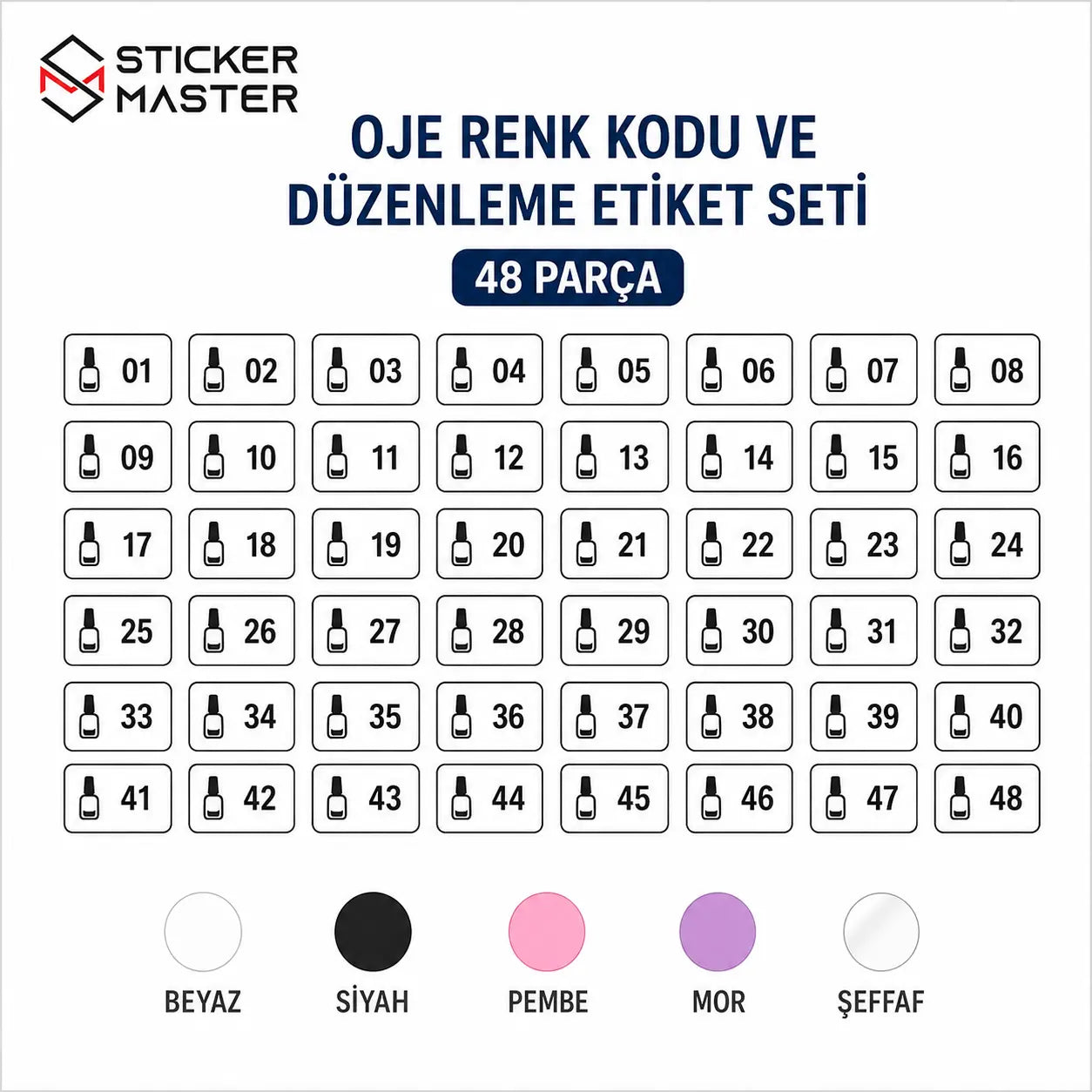 Oje Renk Kodu ve Duzenleme Etiket Seti 48 Parca icerik