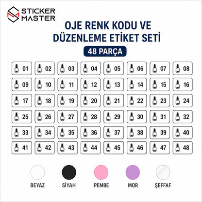 Oje Renk Kodu ve Duzenleme Etiket Seti 48 Parca icerik