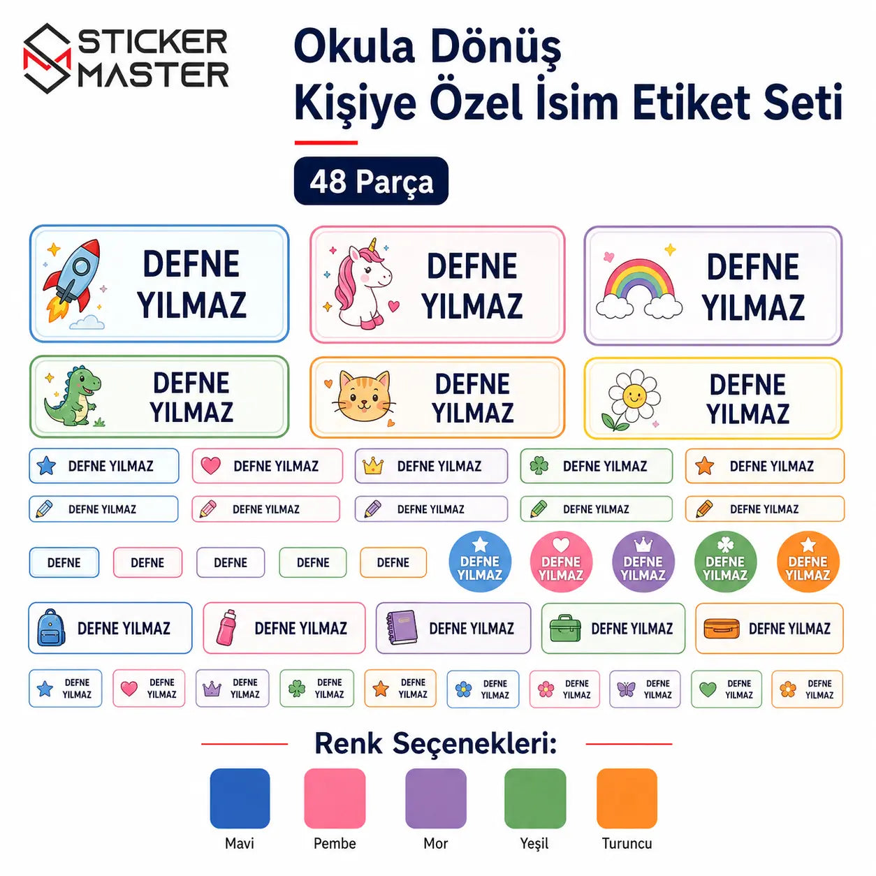Okula Donus Kisiye Ozel Isim Etiket Seti 48 Parca icerik