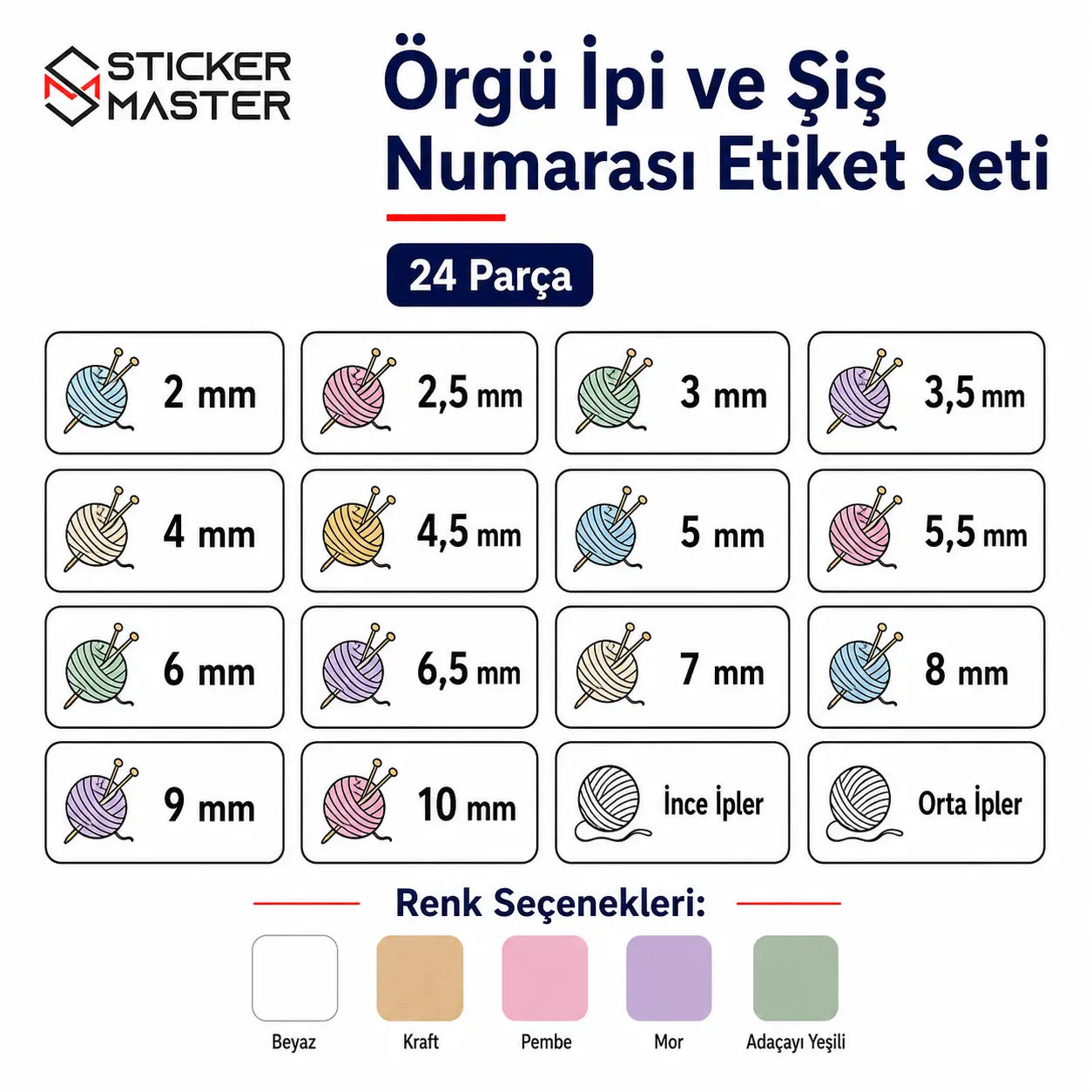 Orgu Ipi ve Sis Numarasi Etiket Seti 24 Parca olculer ve detaylar