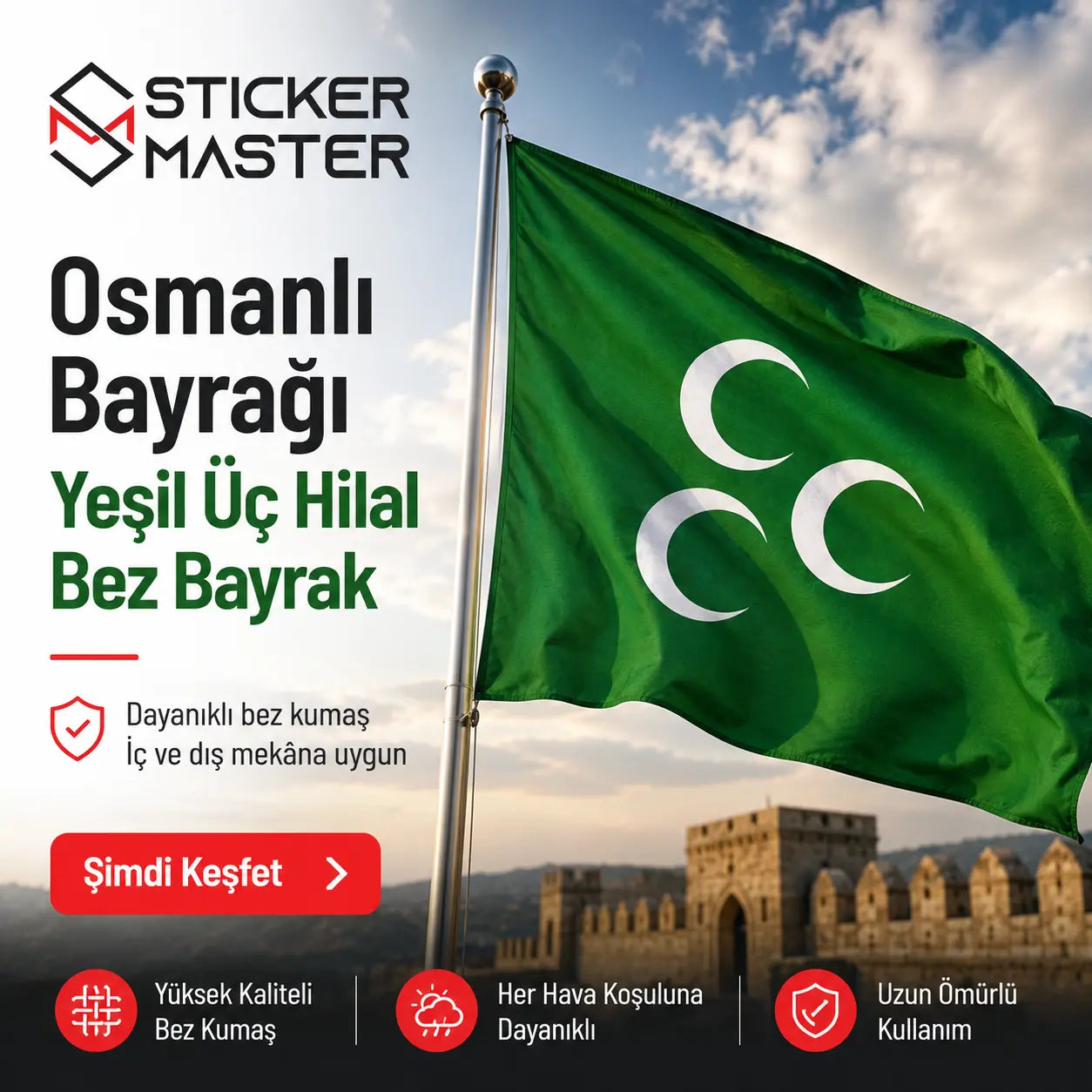 Osmanli Bayragi – Yesil Uc Hilal Bez Bayrak ads 2