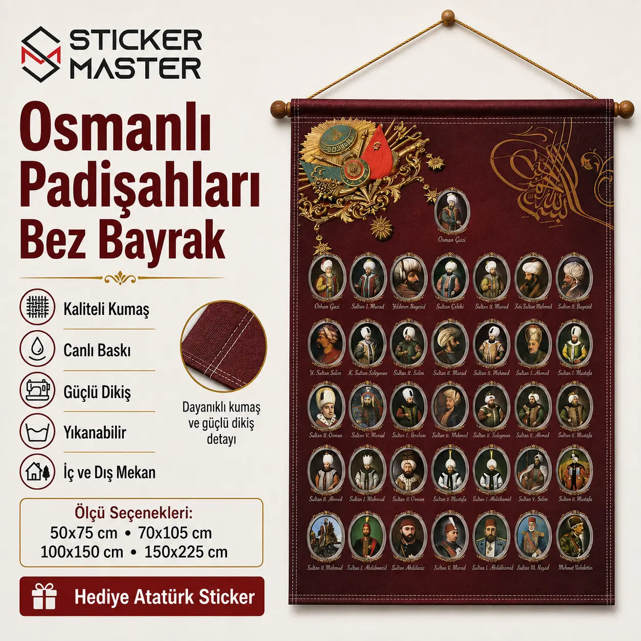Osmanli Padisahlari Bez Bayrak | Hediye Ataturk Sticker