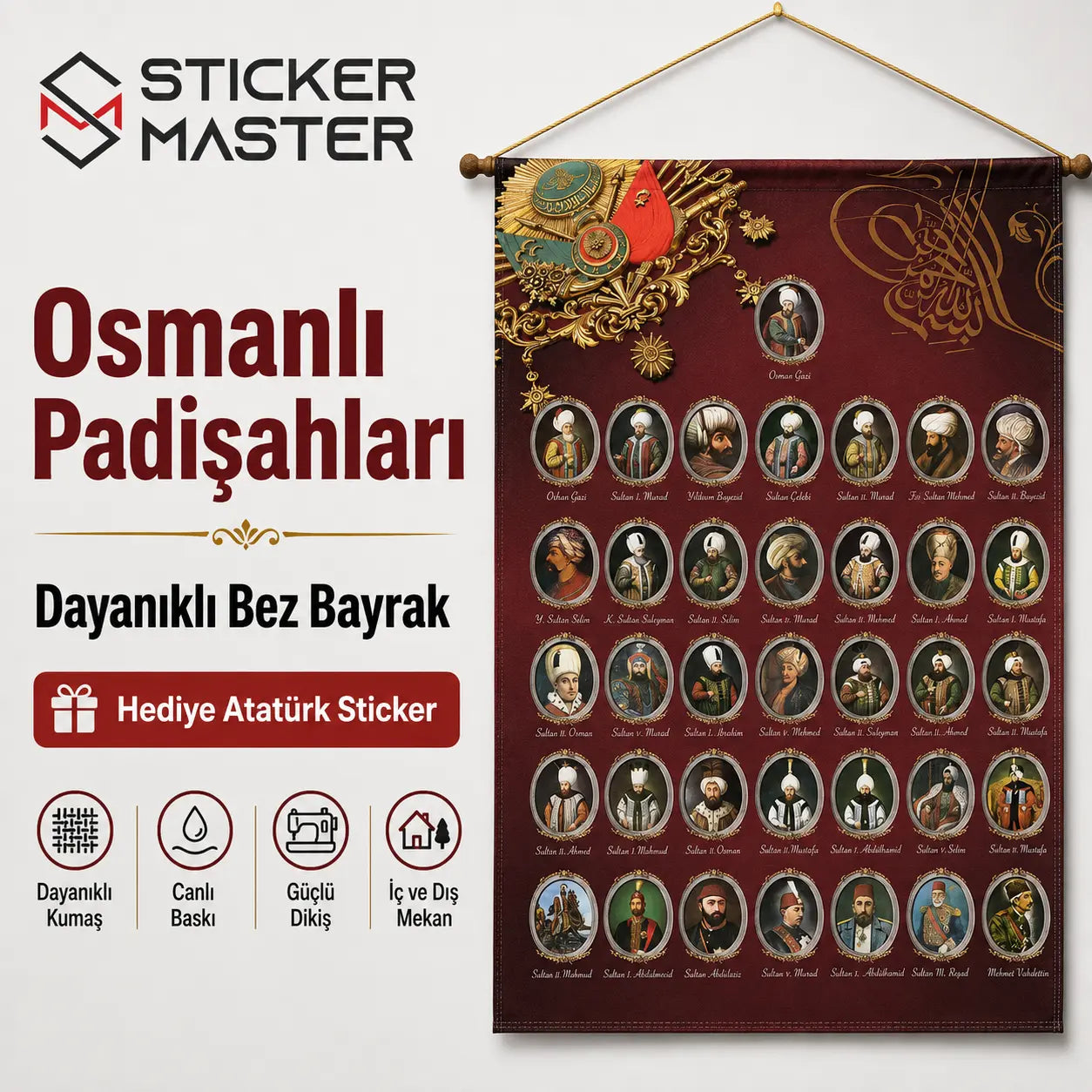 Osmanli Padisahlari Bez Bayrak | Hediye Ataturk Sticker