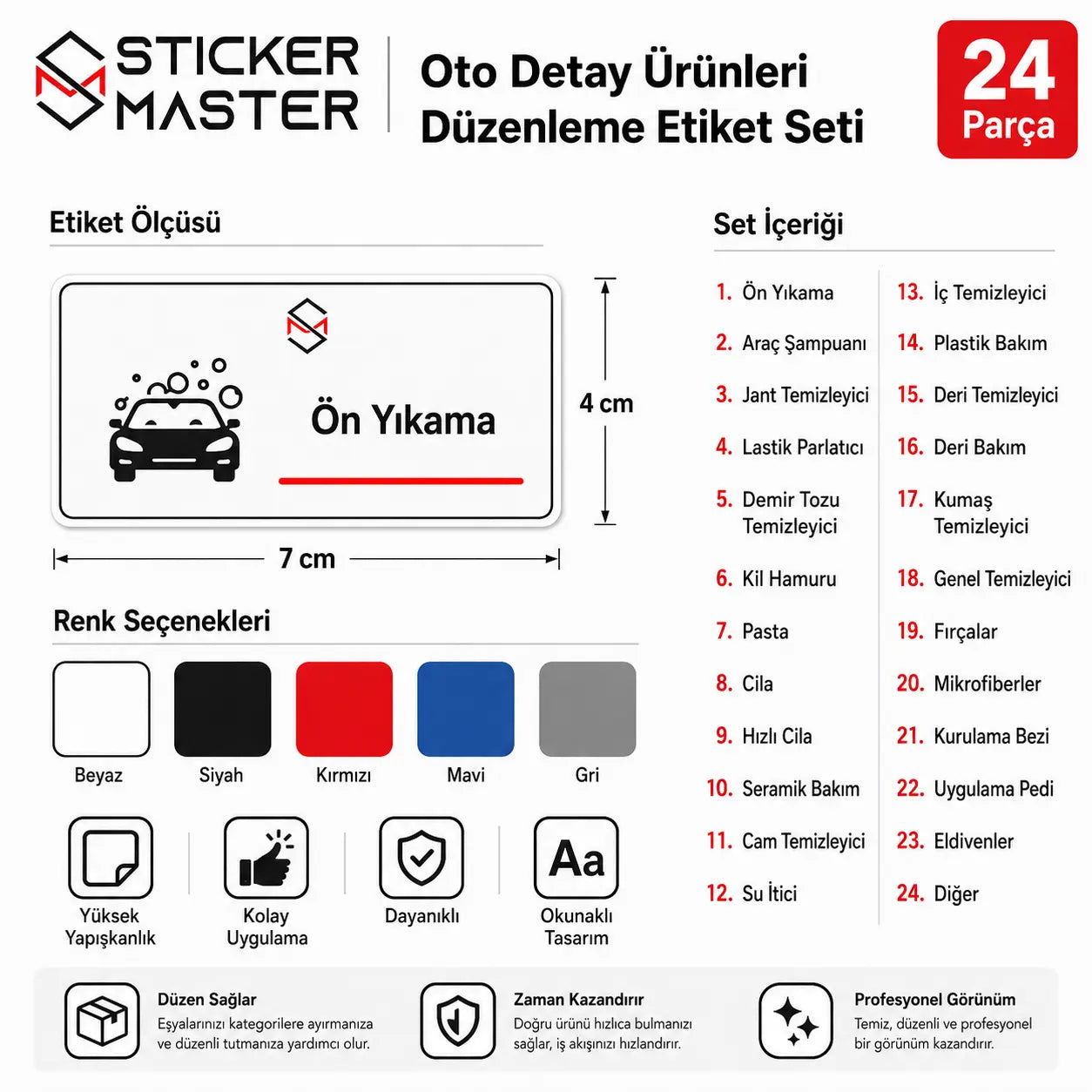Oto Detay Urunleri Duzenleme Etiket Seti 24 Parca icerik