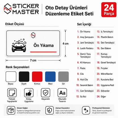 Oto Detay Urunleri Duzenleme Etiket Seti 24 Parca icerik