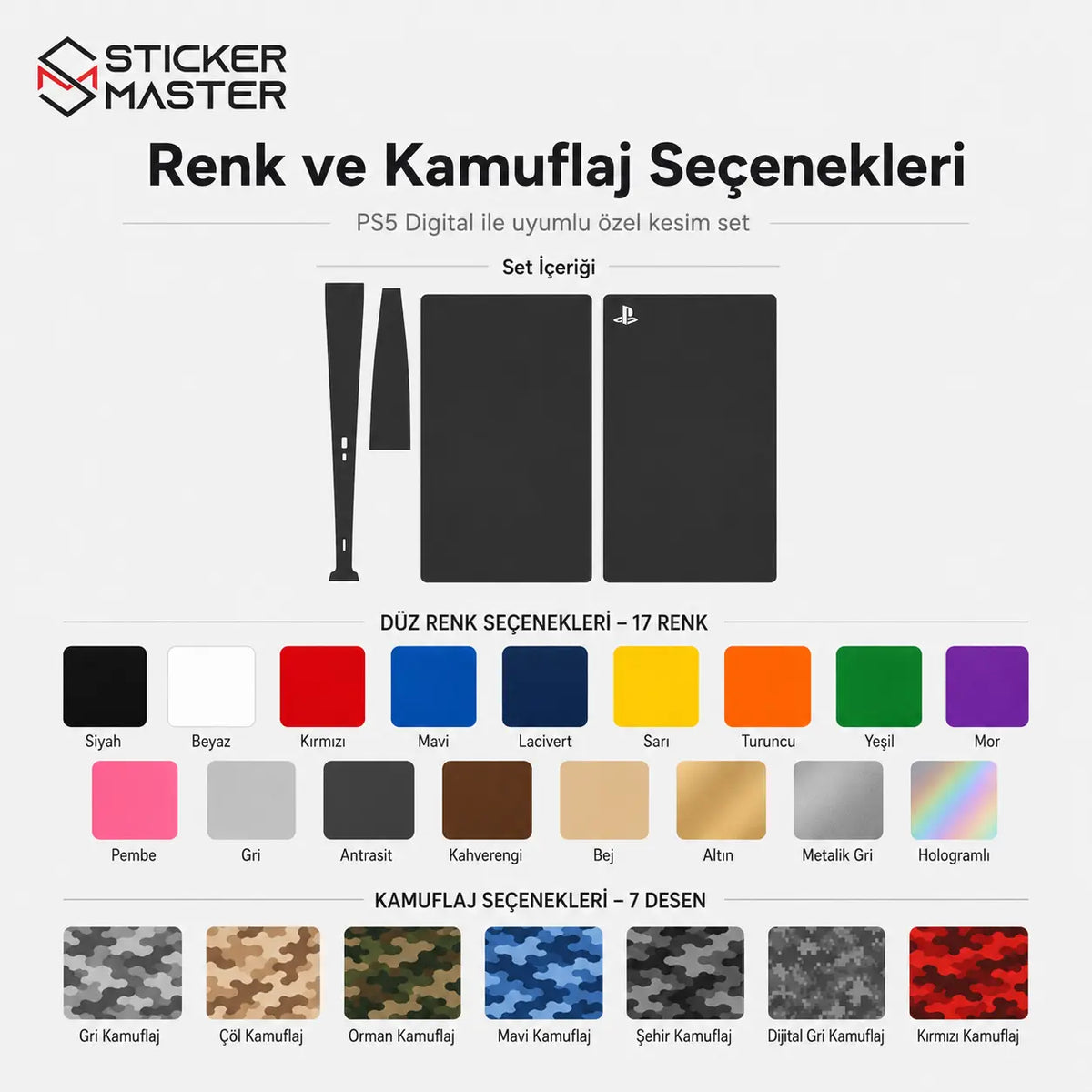 PS5 Digital Uyumlu Konsol Sticker Seti renkler ve detaylar