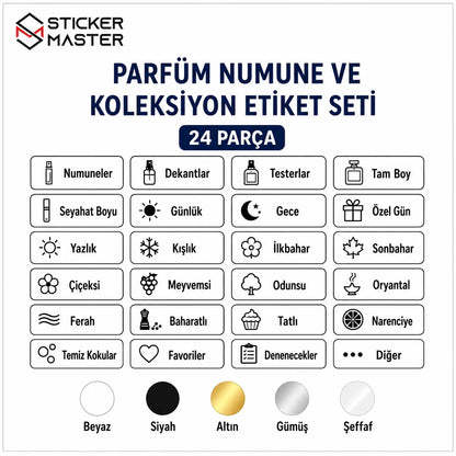 Parfum Numune ve Koleksiyon Etiket Seti 24 Parca icerik