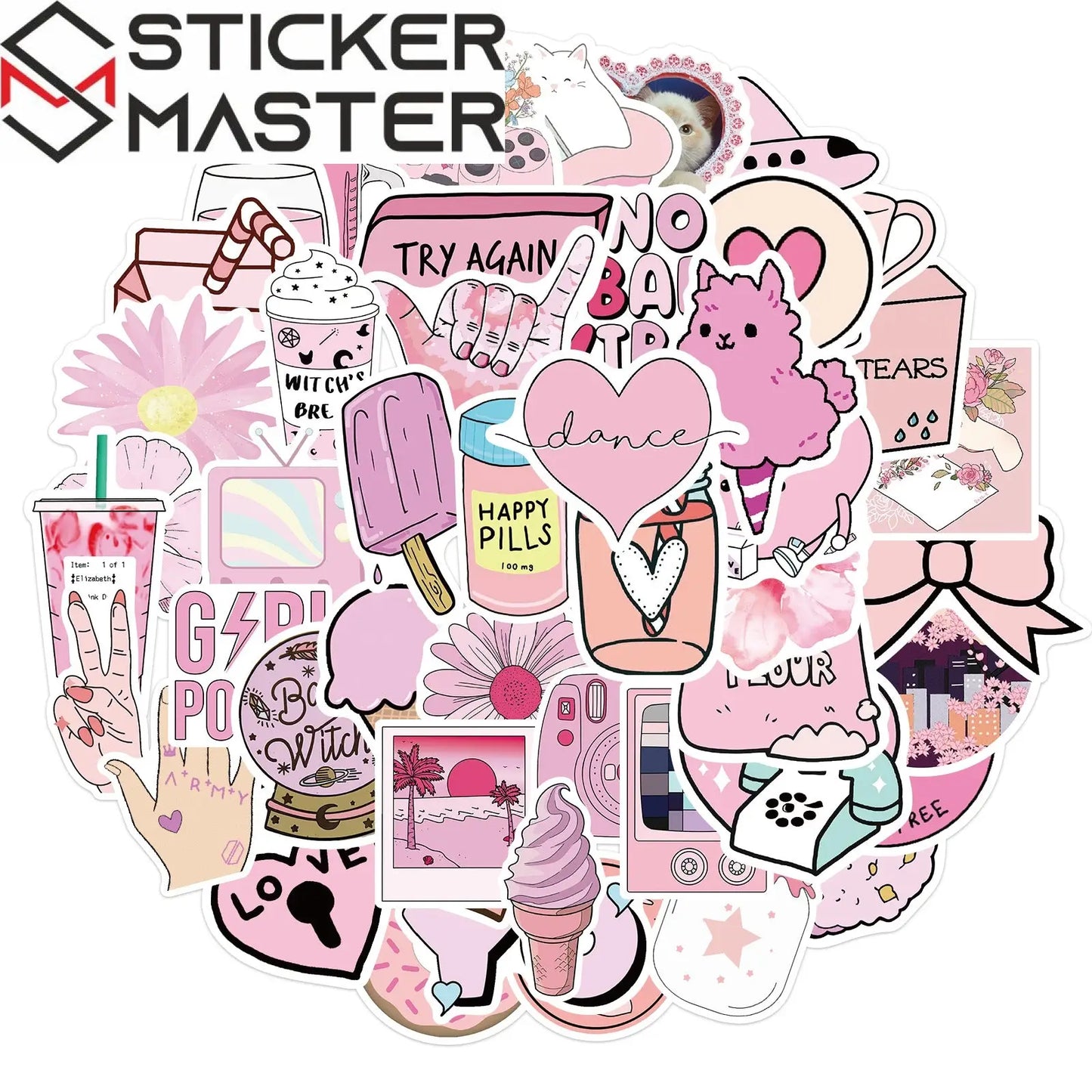 50 Adet Pembe Estetik Sticker Seti Su Geçirmez - Sticker Master - Sticker Master