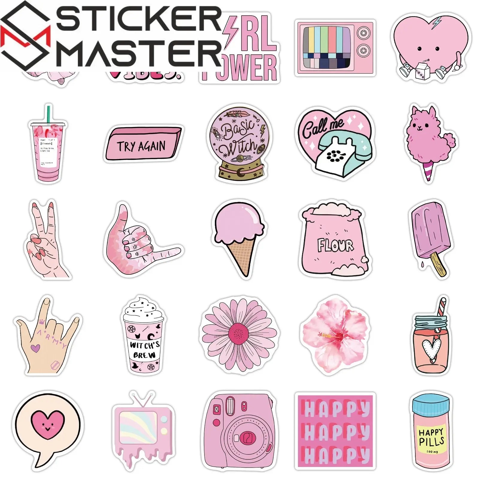 50 Adet Pembe Estetik Sticker Seti Su Geçirmez - Sticker Master - Sticker Master