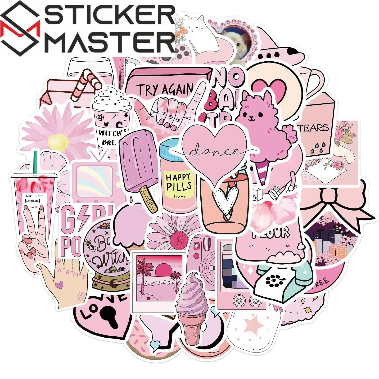 50 Adet Pembe Estetik Sticker Seti Su Geçirmez - Sticker Master - Sticker Master