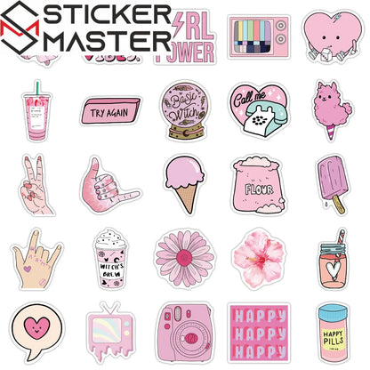 50 Adet Pembe Estetik Sticker Seti Su Geçirmez - Sticker Master - Sticker Master