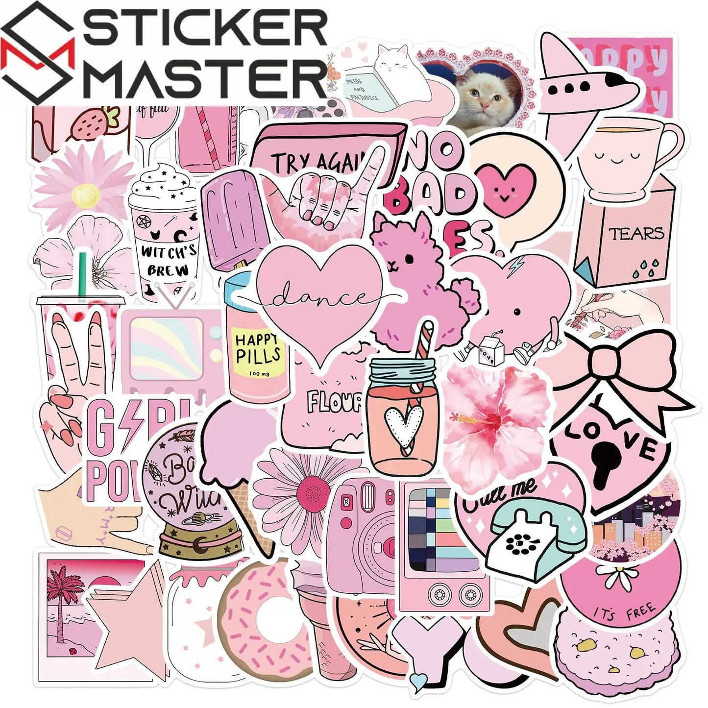 50 Adet Pembe Estetik Sticker Seti Su Geçirmez - Sticker Master - Sticker Master