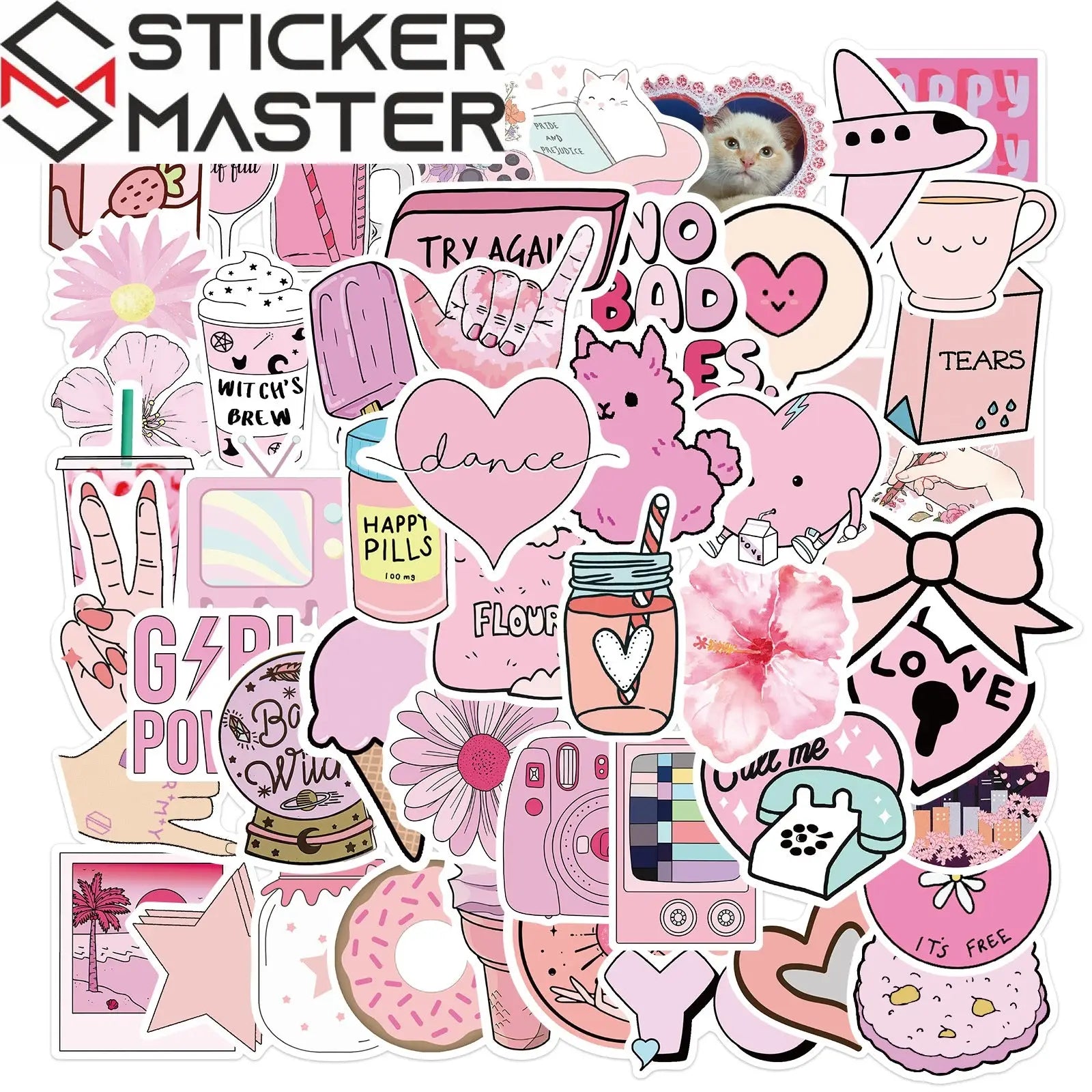 50 Adet Pembe Estetik Sticker Seti Su Geçirmez - Sticker Master - Sticker Master