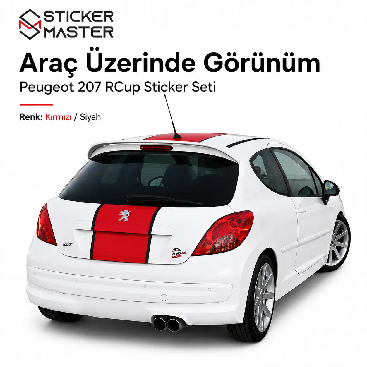 Peugeot 207 RCup Uyumlu Sticker Seti 3 Parca arka ve ust gorunum