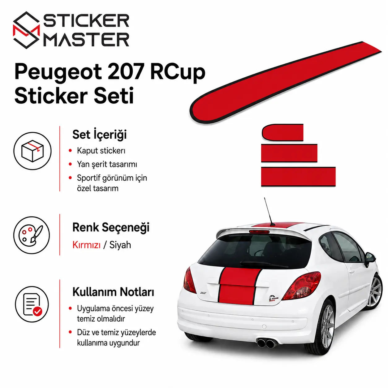 Peugeot 207 RCup Uyumlu Sticker Seti 3 Parca kullanim