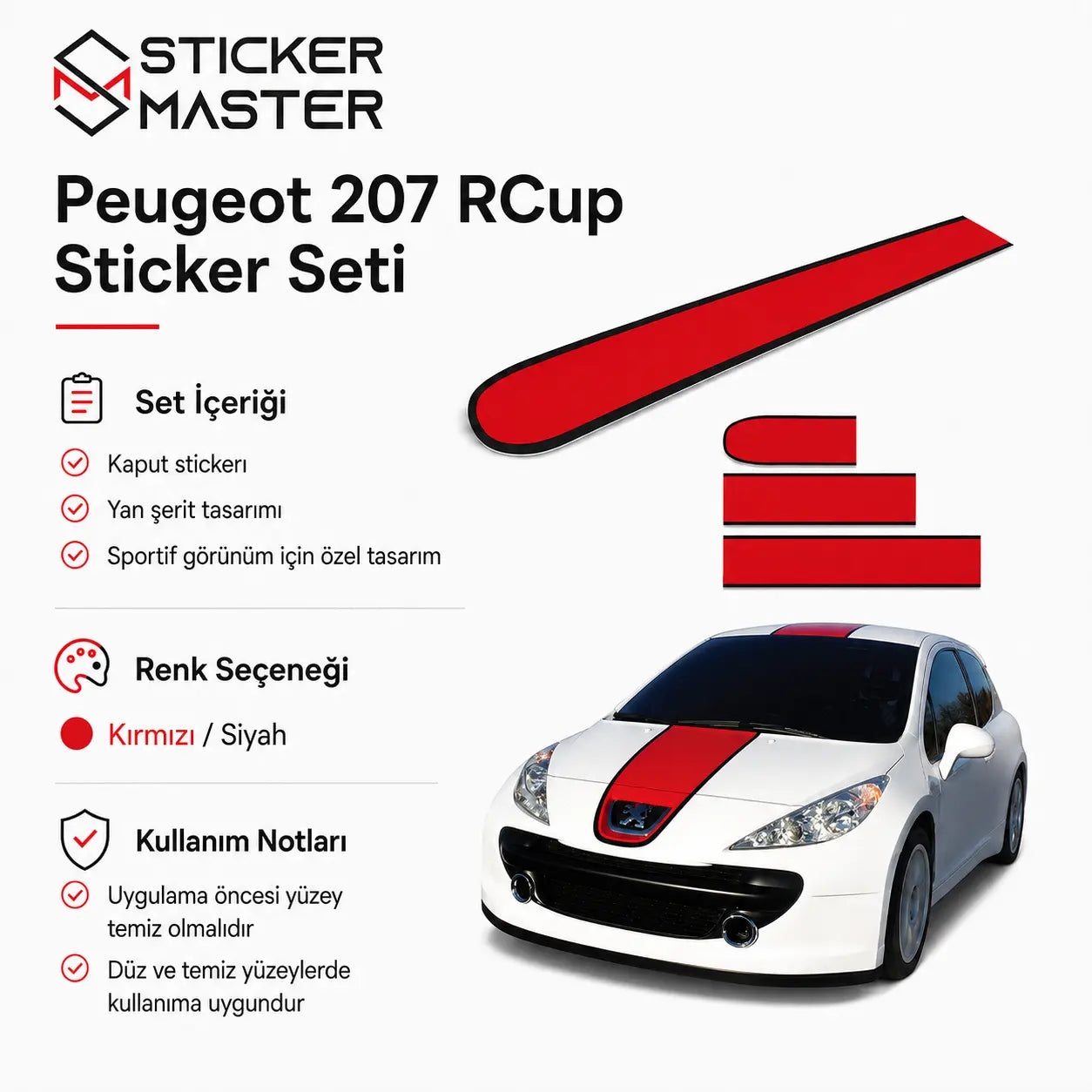 Peugeot 207 RCup Uyumlu Sticker Seti 3 Parca set icerik