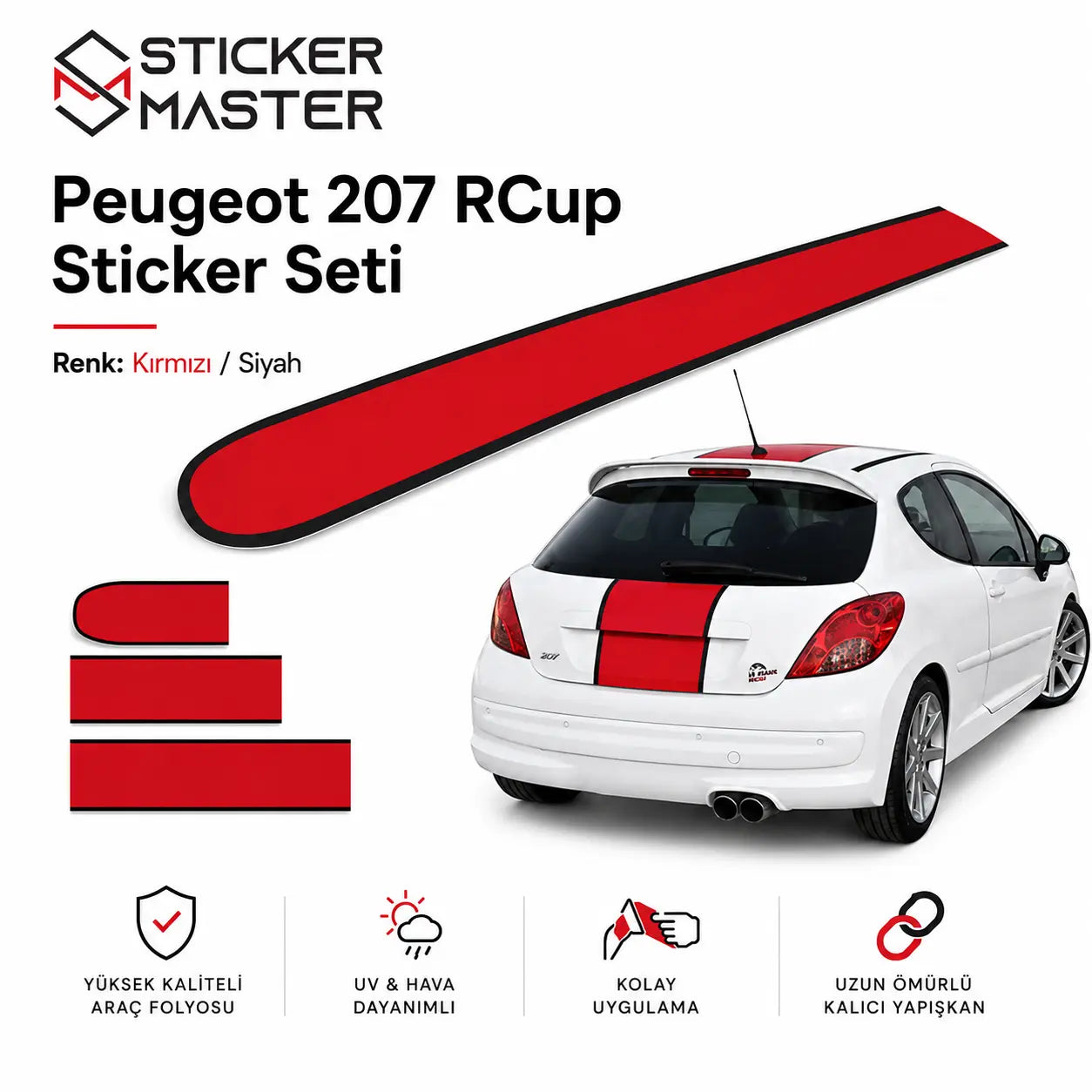 Peugeot 207 RCup Uyumlu Sticker Seti 3 Parca ust gorunum