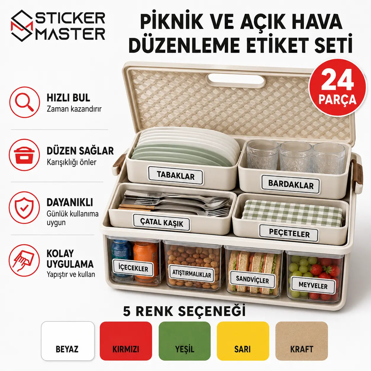 Piknik ve Acik Hava Duzenleme Etiket Seti 24 Parca icerik