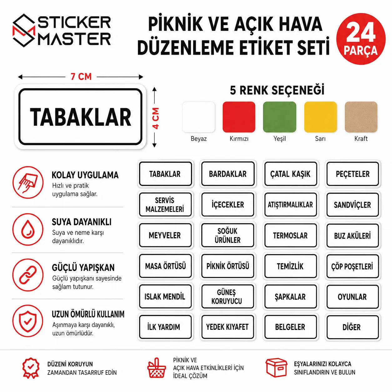 Piknik ve Acik Hava Duzenleme Etiket Seti 24 Parca icerik ve detaylar