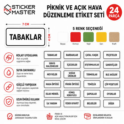 Piknik ve Acik Hava Duzenleme Etiket Seti 24 Parca icerik ve detaylar