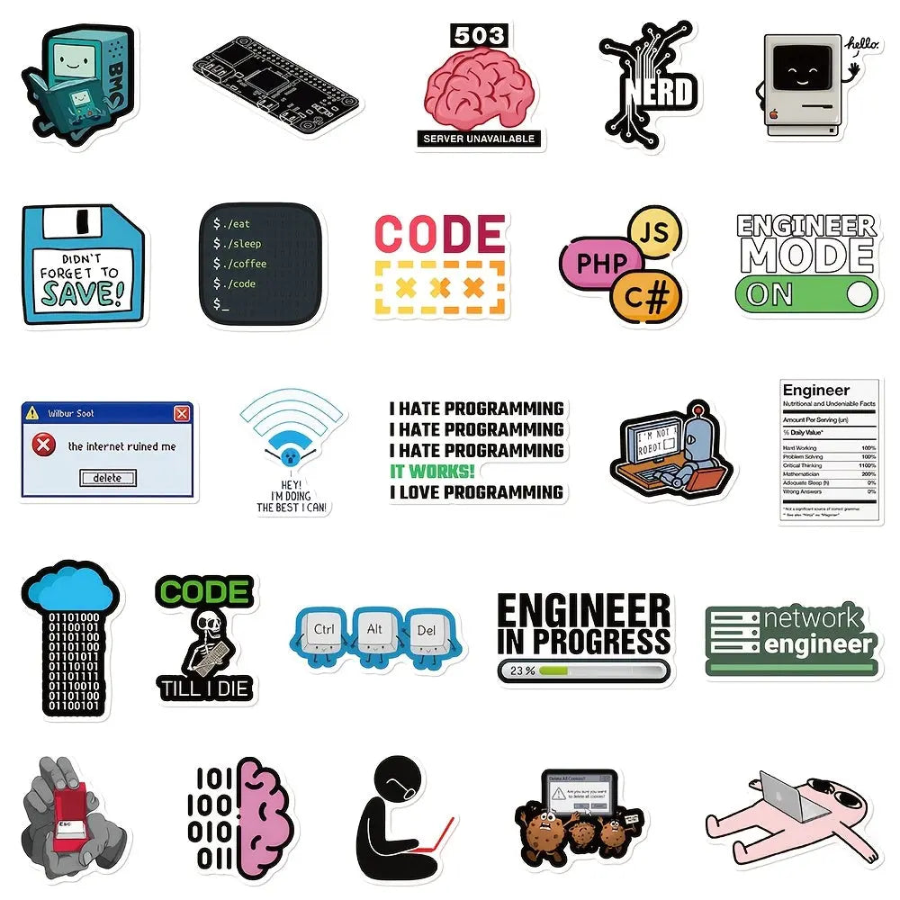 Sticker Master 50 adet Programcı Meme Çıkartmaları - Dizüstü Bilgisayarlar, Gitar Kılıfları, Telefon Kılıfları ve Karalama Defterleri için Teknoloji Temalı Karikatür Çıkartmalar | Dayanıklı PVC, 50+ Stil, Y - Sticker Master
