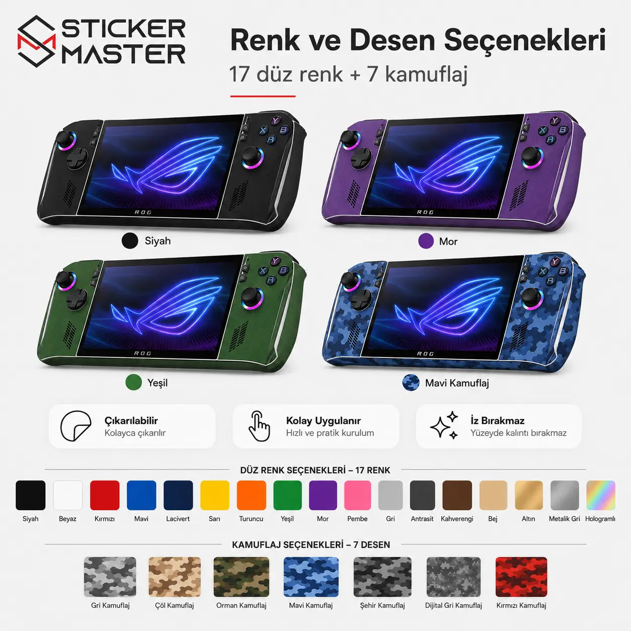 ROG Ally Ryzen Z1 Octa Handheld Uyumlu Skin Sticker Seti modeller ve renkler