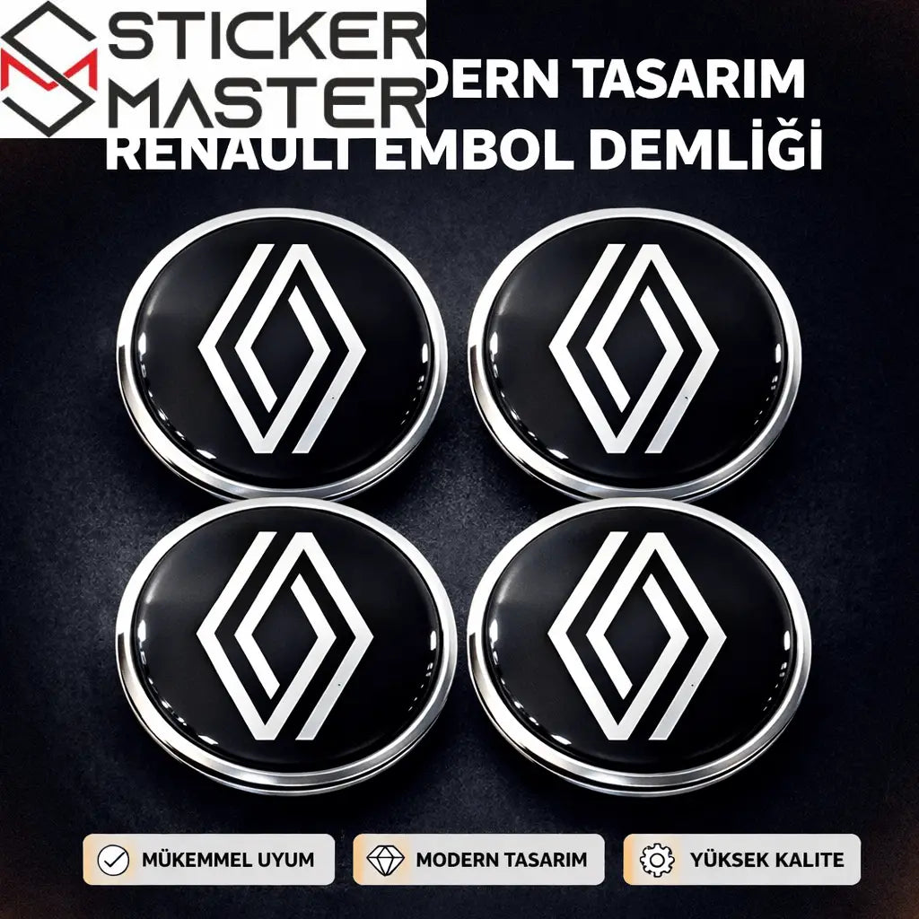 Yeni Nesil Renault Uyumlu Jant Göbeği Sticker | Siyah Damla Etiket 5.5 cm (4 Adet) - Sticker Master