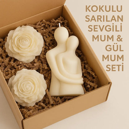 Sticker Master Home Kokulu Sarılan Sevgili Mum & Gül Mum Seti – Romantik ve Dekoratif Mum Seti