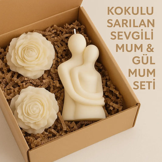 Sticker Master Home Kokulu Sarılan Sevgili Mum & Gül Mum Seti – Romantik ve Dekoratif Mum Seti